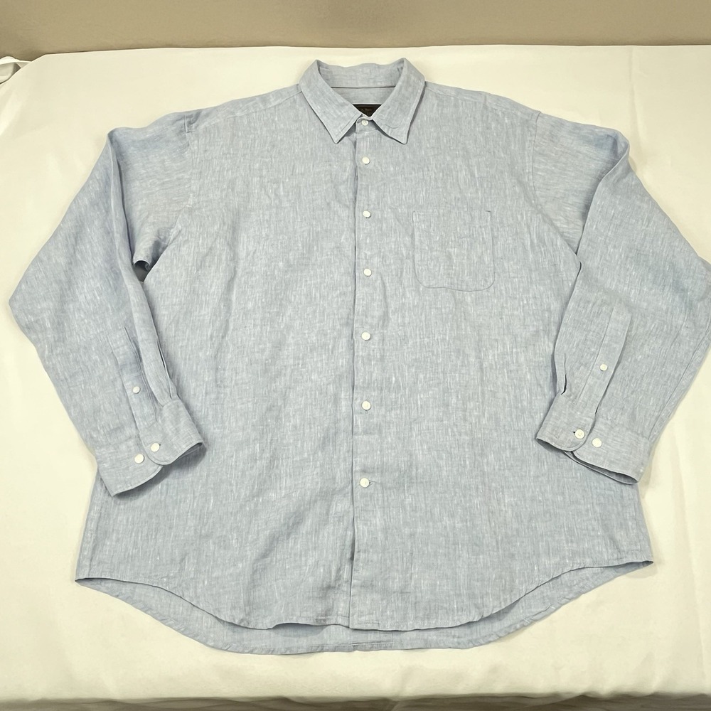 Jos A Bank Shirt Men XL Blue Linen Long Sleeve Button Up Collared Reserve‎